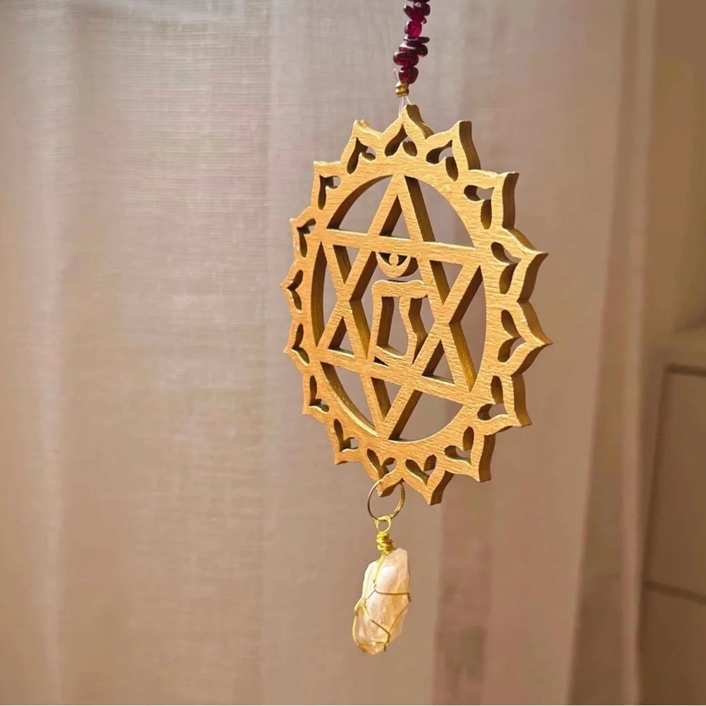 Gold Wooden Chakra Wall Hanging with Crystal Chip Accents